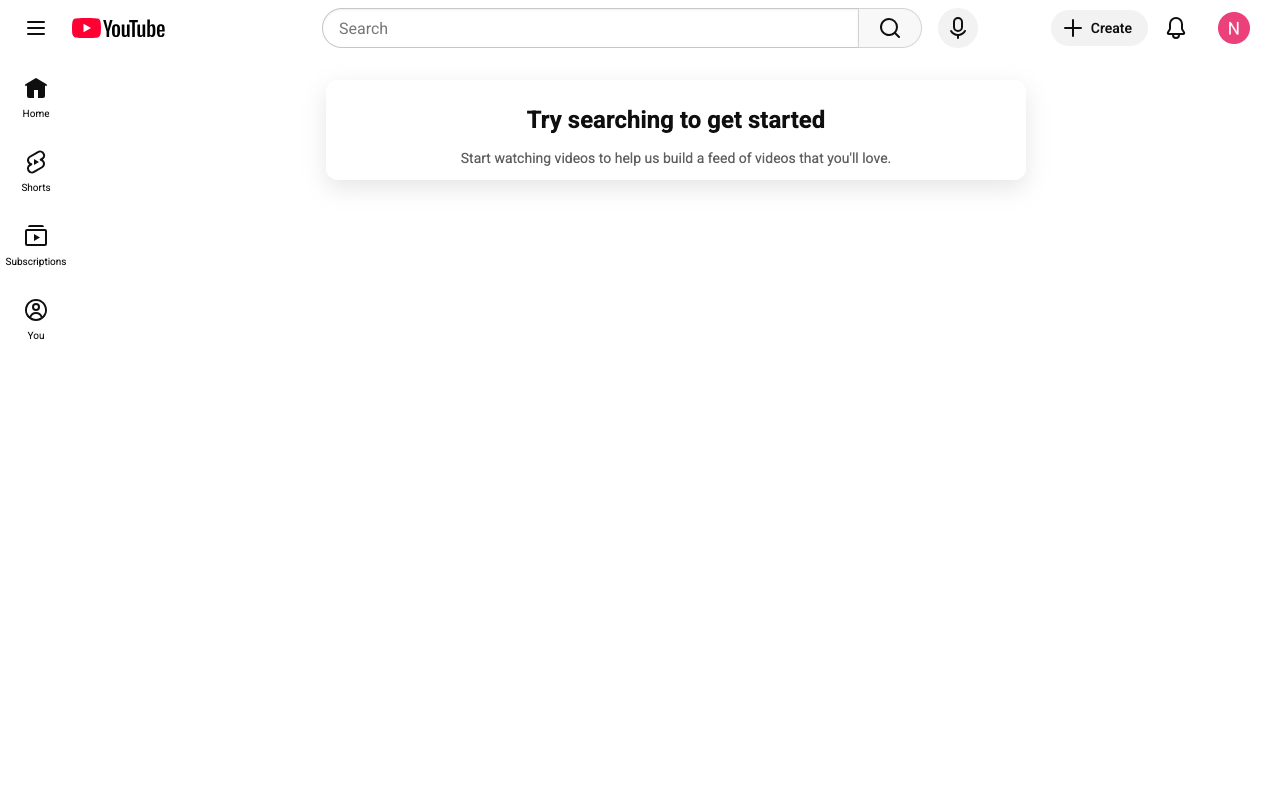 Control YouTube homepage on Day 4 showing an empty state that says try searching to get started.