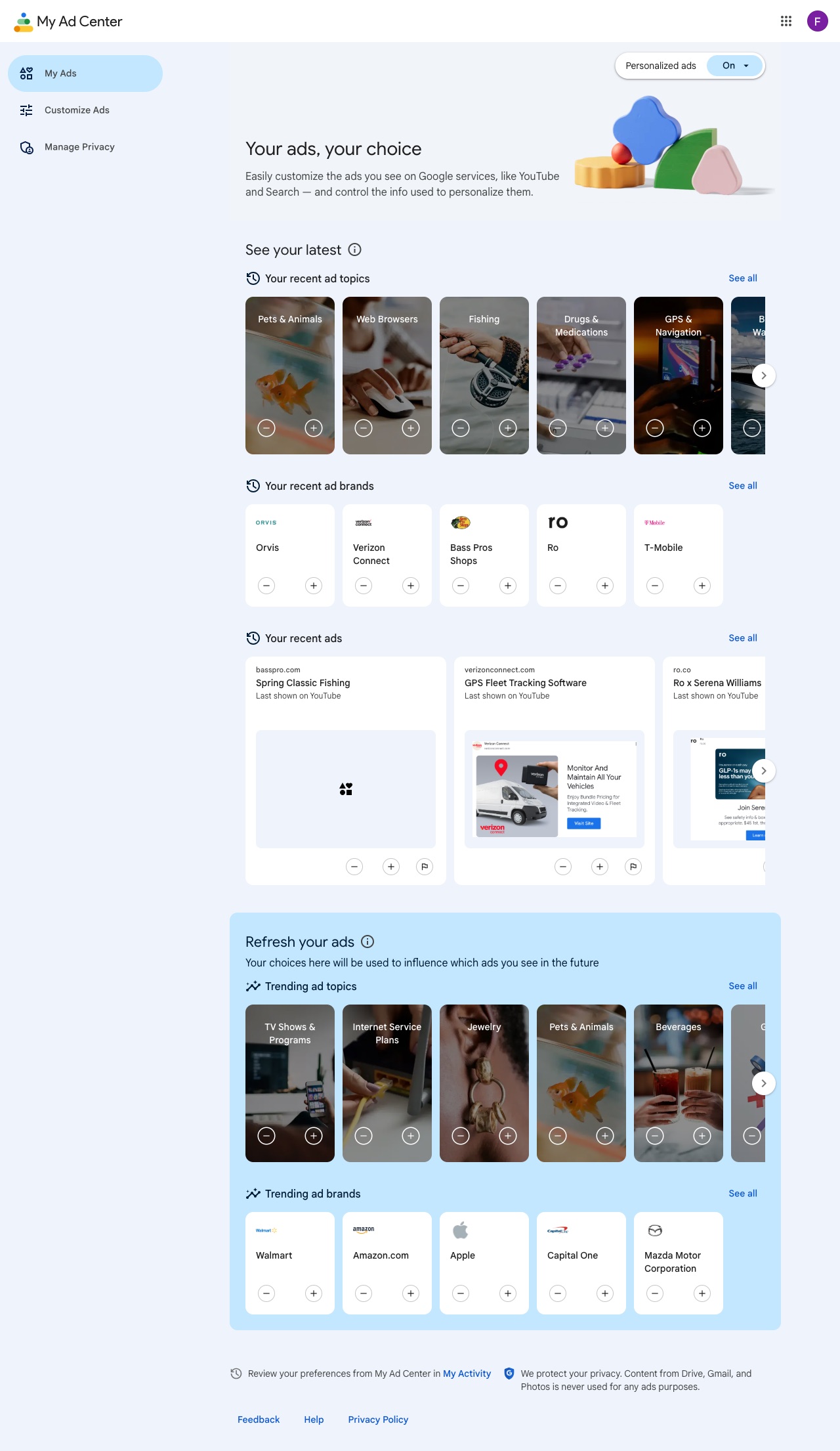 Fisherman Google Ad Center on Day 4 showing Fishing, GPS and Navigation topics and brands like Orvis and Bass Pro Shops.