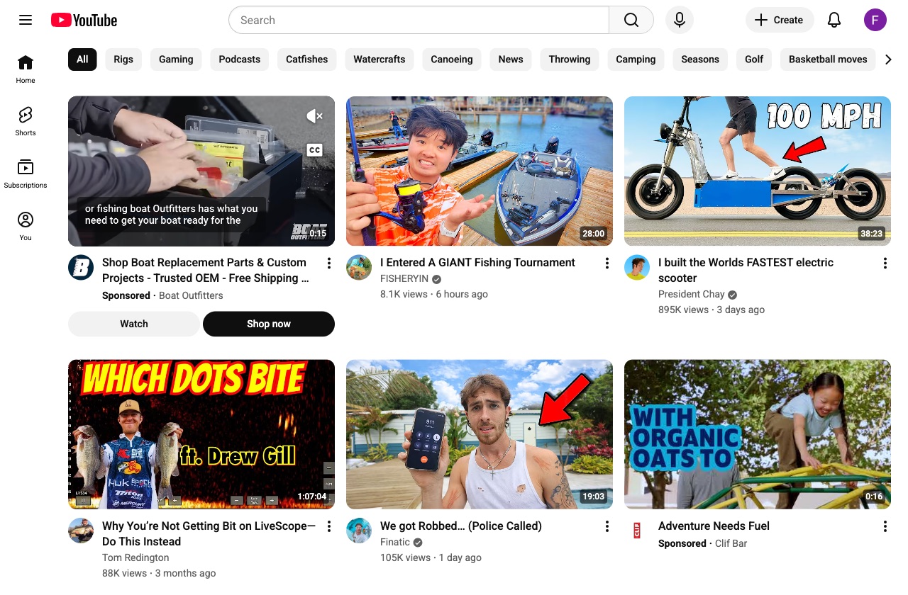 Fisherman YouTube homepage on Day 4, every recommendation is fishing related.
