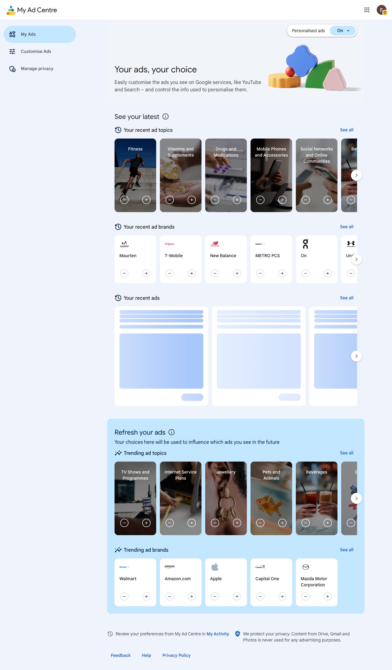 Fitness Google Ad Center on Day 4 showing Fitness, Vitamins and Supplements topics and brands like Maurten, New Balance, On, Under Armour.