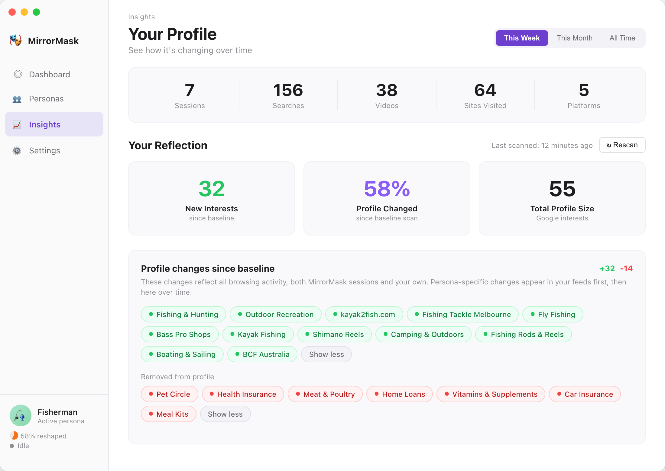 MirrorMask Insights showing profile changes and reshaping progress