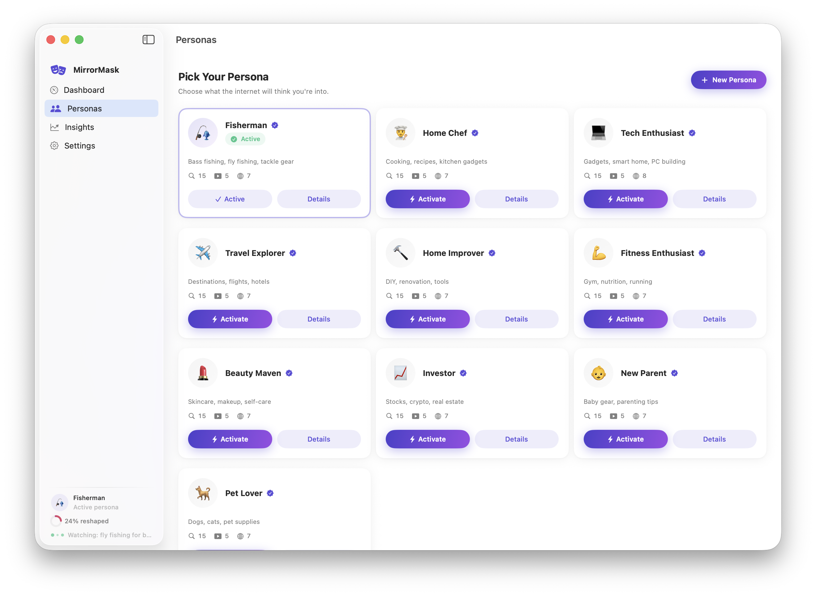 MirrorMask persona builder showing custom identity creation for reshaping your ad profile