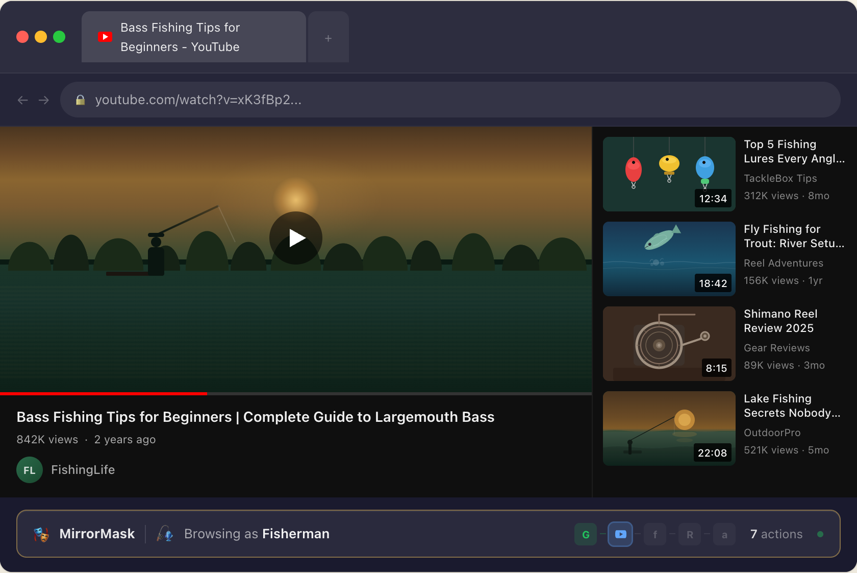 MirrorMask browsing as the Fisherman persona on YouTube