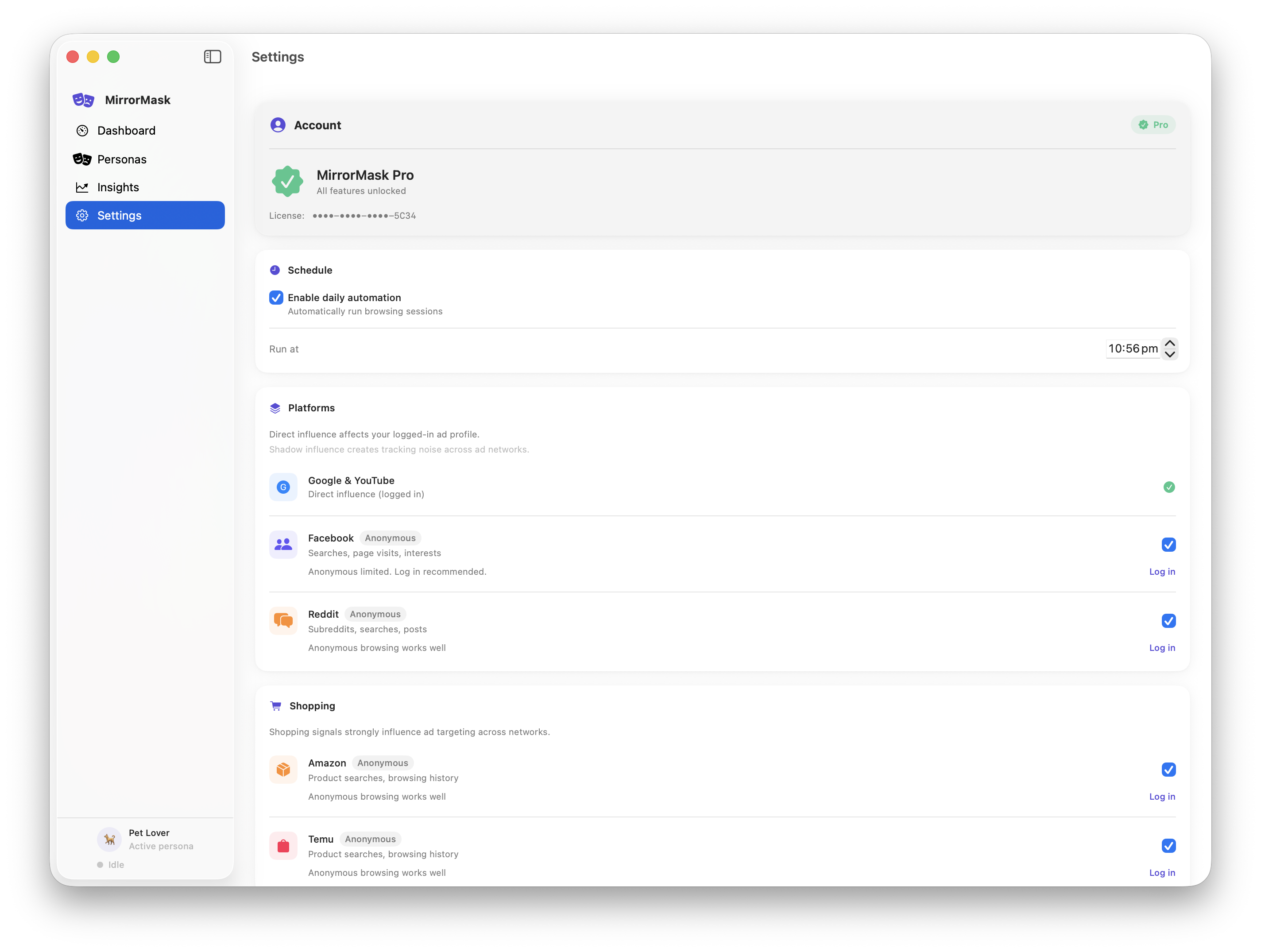MirrorMask automation settings for scheduled ad profile reshaping sessions
