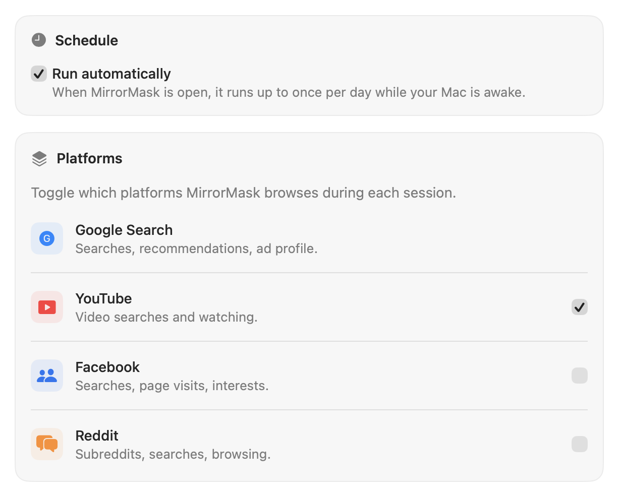 MirrorMask settings with Run automatically on and the platforms it uses